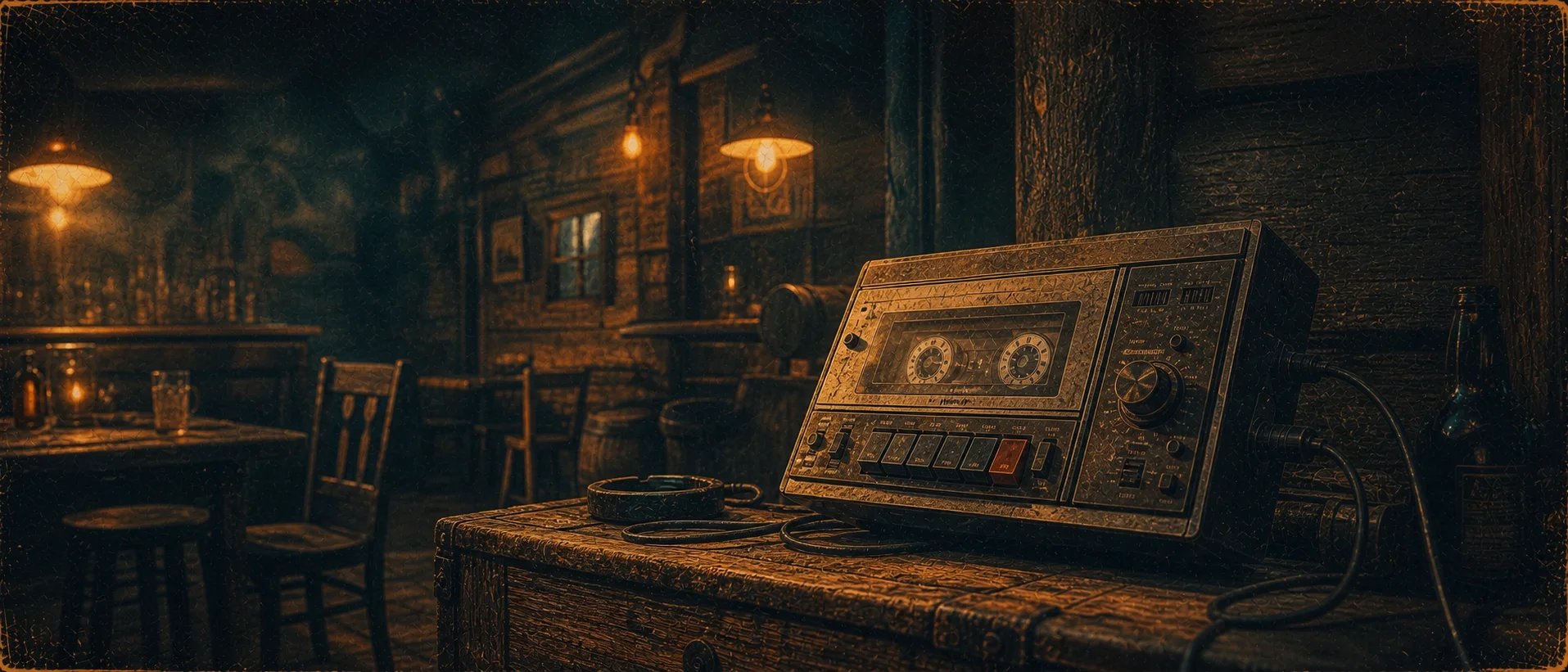 Vintage-Tapedeck in einer dunklen fränkischen Holzspelunke bei warmem Licht